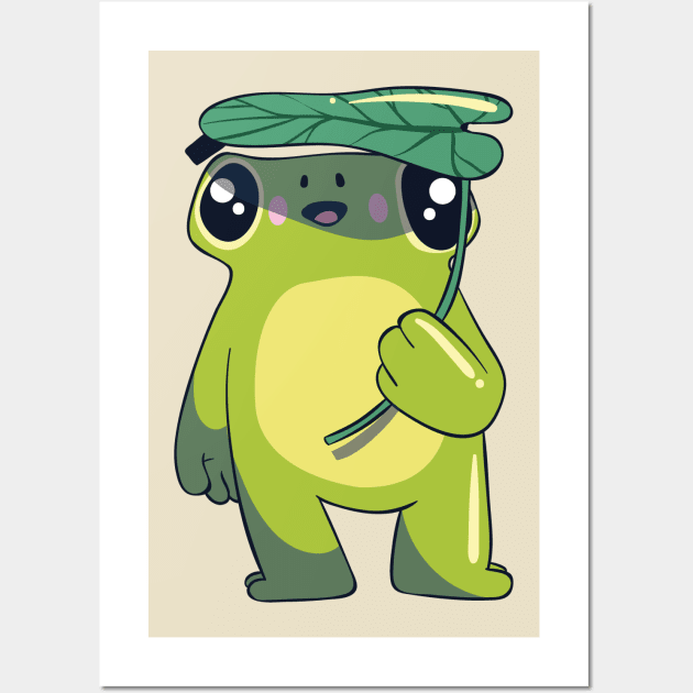 Cute Frog Holding a Leaf Umbrella Cottagecore Aesthetic Wall Art by uncommontee